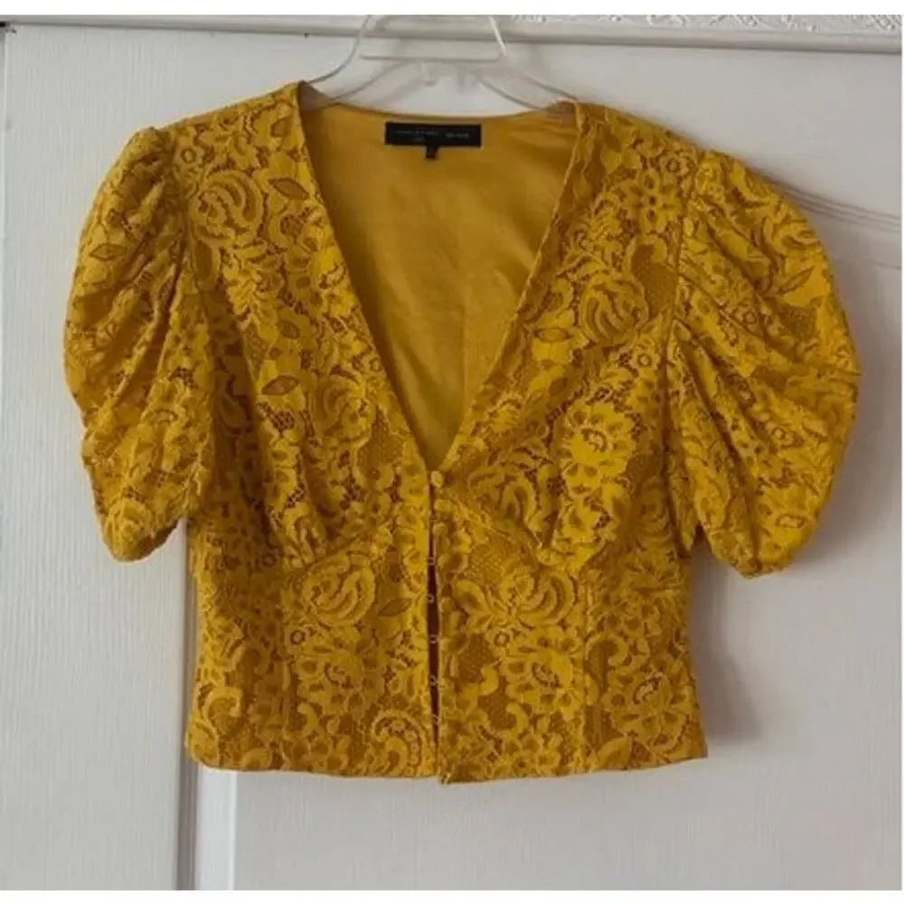 House of Harlow 1960 x REVOLVE Yellow Lace Puff Sleeve Hook Front Crop Top